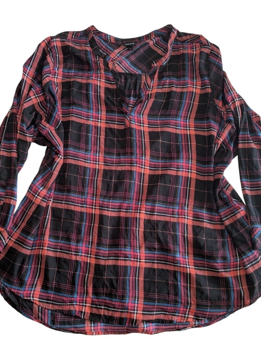Torrid Black Multicolor Plaid Chiffon Tunic Blouse Split Neck Lurex Size 5 5X